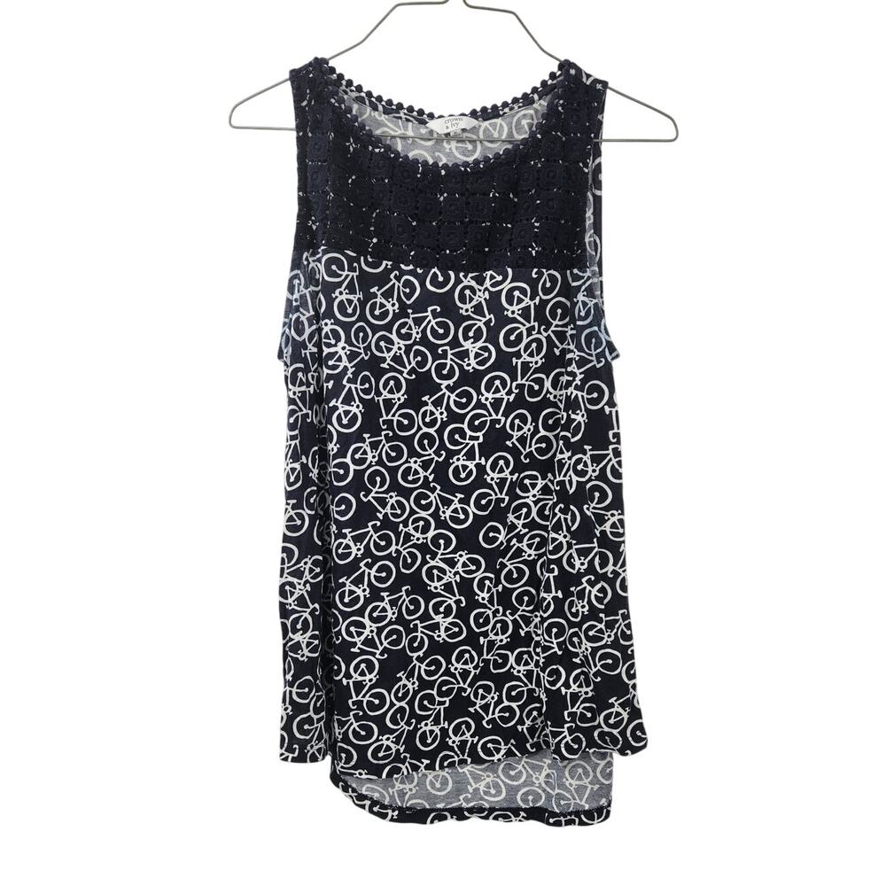 Crown & Ivy Navy Blue Bike Bicycle Print Sleeveless Tank Top Womens Medium M